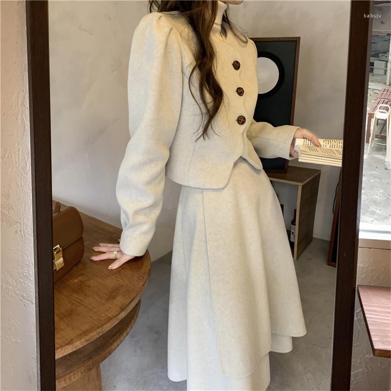 

Work Dresses Korean Style Women Sweet 2 Two Piece Set Puff Sleeve Short Woolen Coat Crop Top And High Waist Long Skirt Suits Ensemble Femme, Picture color suit