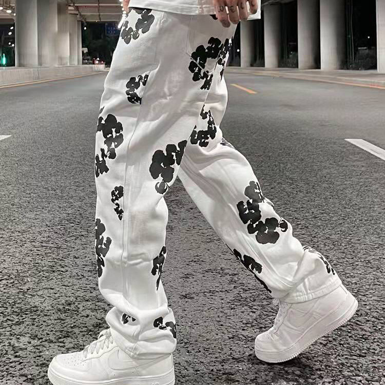 Men's Jeans Style Patchwork Casual Flower Print Mens Vibe Straight Pants Harajuku Ripped Oversize Denim Trousers Streetwear