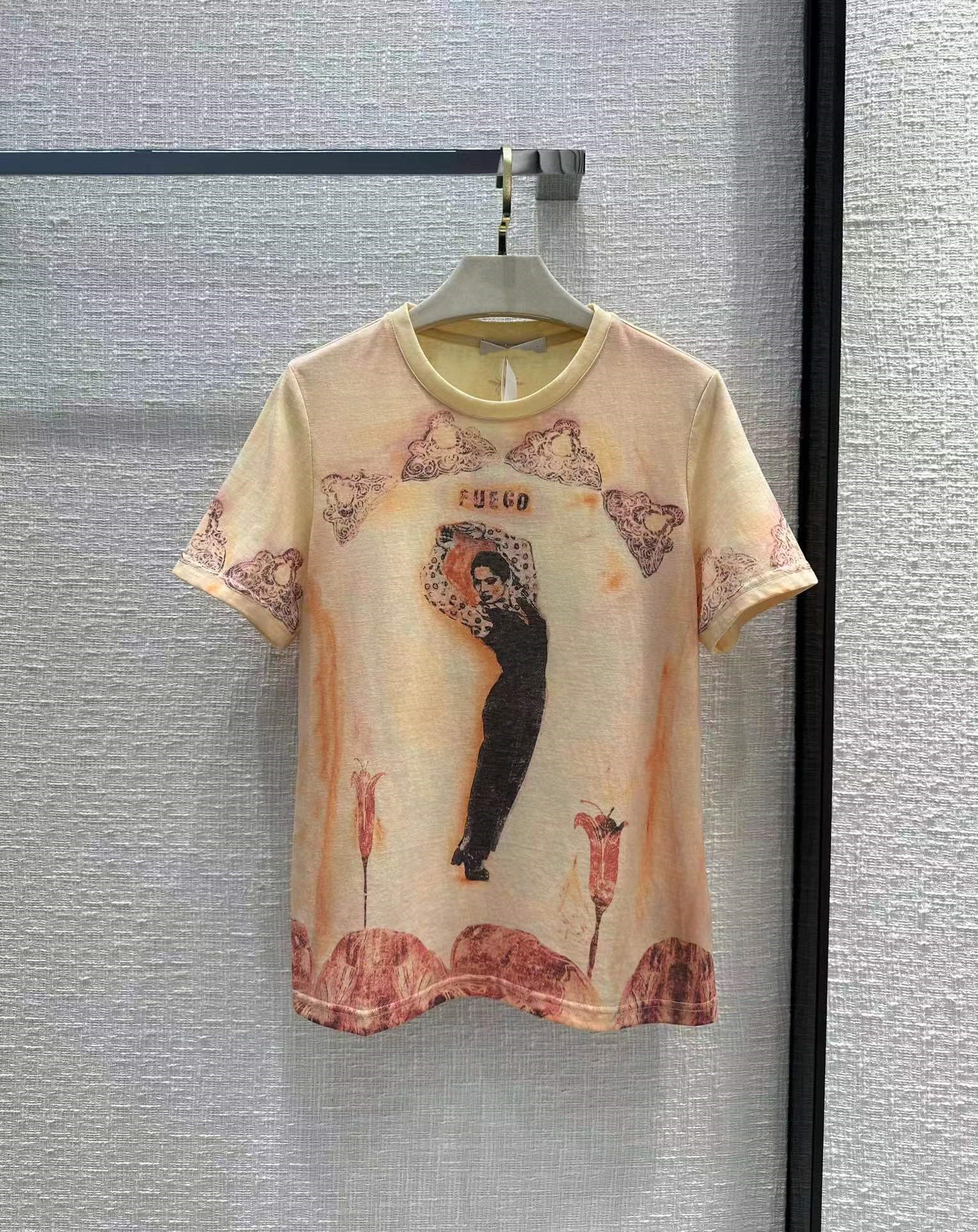 Milan Runway Tops 2023 New Spring Summer Women's T-Shirt Print Designer Tees Brand Same Style T-Shirt 1216-14
