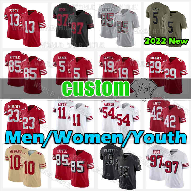 

13 Brock Purdy Jersey Nick Bosa Football George Kittle San Francisco 49ers 29 Talanoa Hufanga Colin Kaepernick Joe Montana Ronnie Lott Robbie Gould Patrick Willis, Custom women 2022 new jersey(49r)+patch