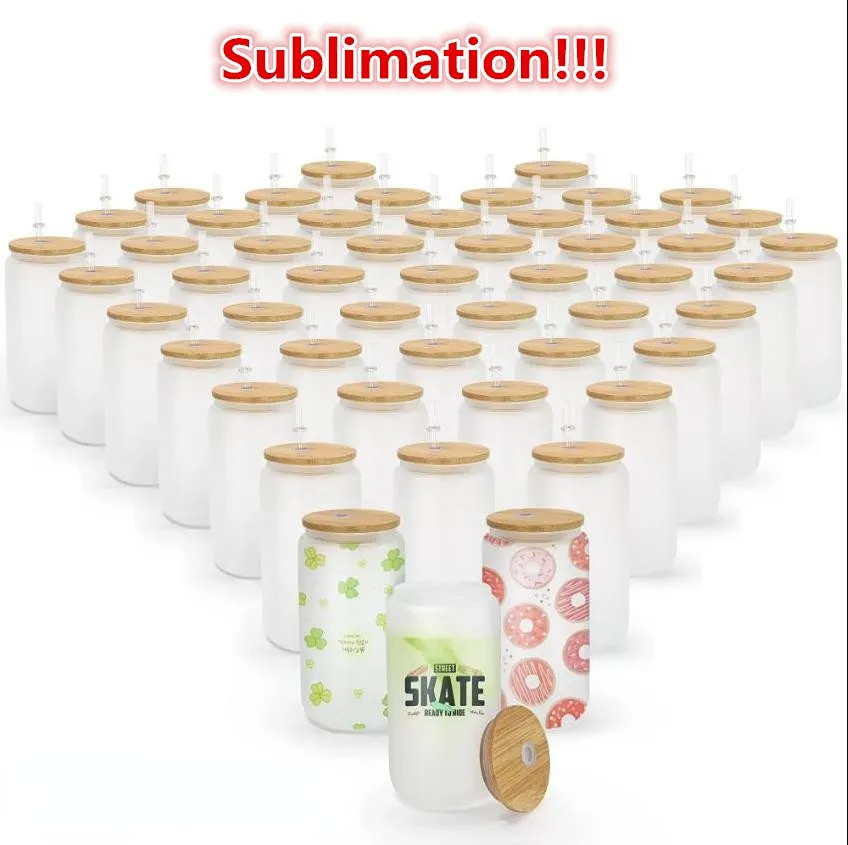 

Sublimation Tumblers 16oz Glass Can with Bamboo Lid Reusable Straw Beer Can Transparent Frosted Glass Tumbler Soda Can Cup Wholesale ss1216, White