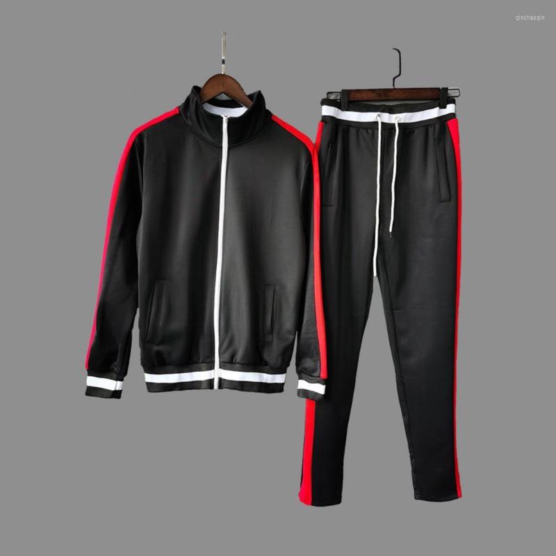 

Gym Clothing Drawstring Men Tracksuit Ankle Length Windproof Fashion Autumn Casual Striped Splicing Jacket Jogging Pants Set, Red