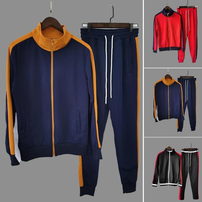 

Gym Clothing Coldproof Ankle Length Men Autumn Striped Patchwork Slim Tracksuit Outfit Streetwear, Red
