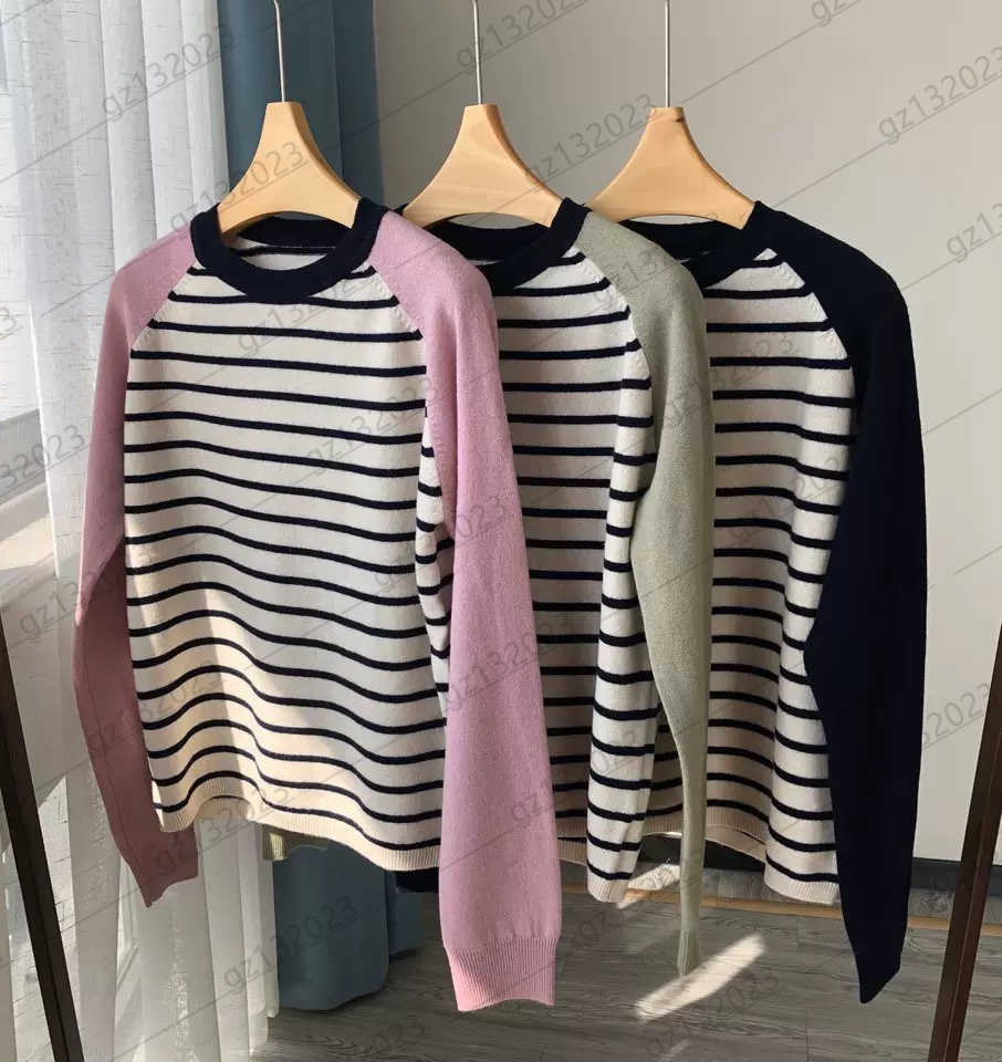 

Womens Sweaters Contrasting Color Stripe Decoration Round Collar Pullover Knit Sweater Color Matching Long Sleeves Standard Knitwear Women Clothes 3 Colors