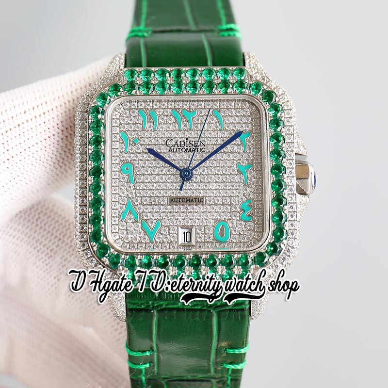 

TWF tw0009 M8215 Automatic Mens Watch 40MM Green Iced Out Big Diamond Bezel Paved Diamonds Dial Arabic Markers Leather Strap 2022 Super Edition eternity Watches, Watch waterproof production cost