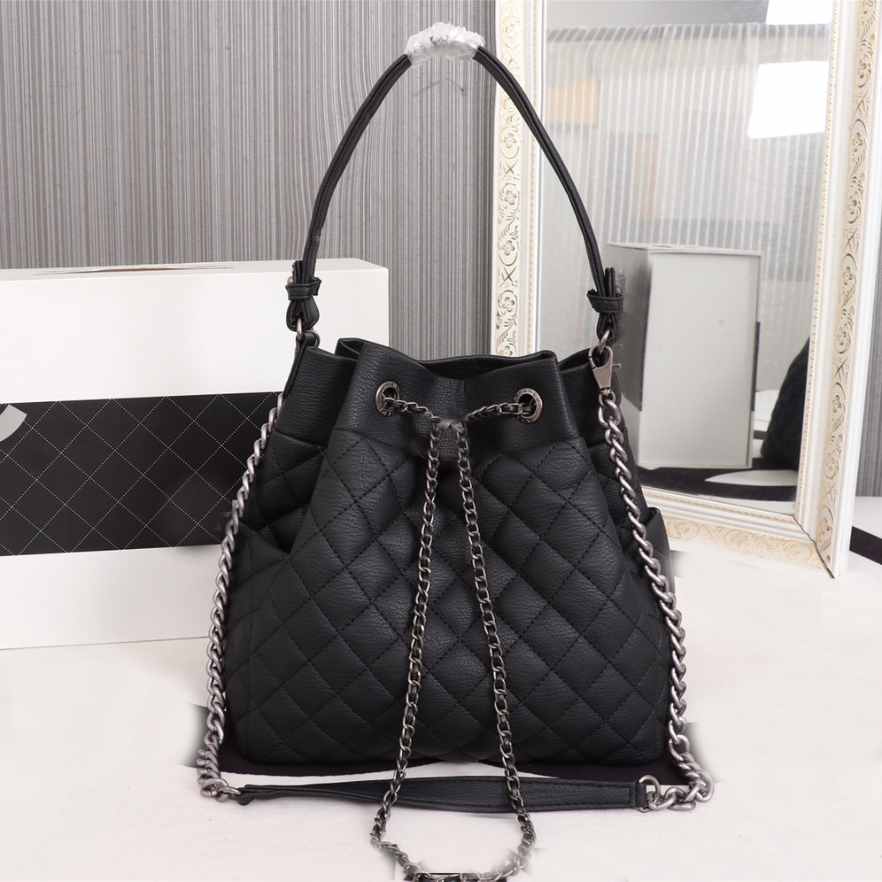 

7A Luxury Designer Drawstring Bags Diamond Lattice String Handbags Antique Silver Hardware Totes, Black