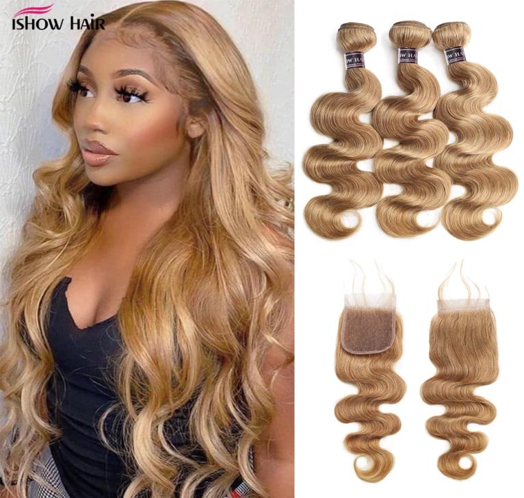 

Ishow Ombre Color Hair Weaves Weft Extensions 3 Bundles with Lace Closure T1B27 T1B99J Body Wave Human Hair Straight Brown Ginge2298564, 4# straight