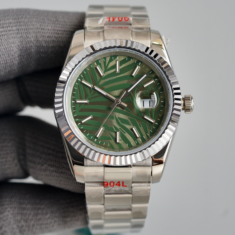 Round dial olive green men's watch 41mm palm leaf pattern waterproof scratch resistant blue crystal folding buckle stainless steel 904L automat