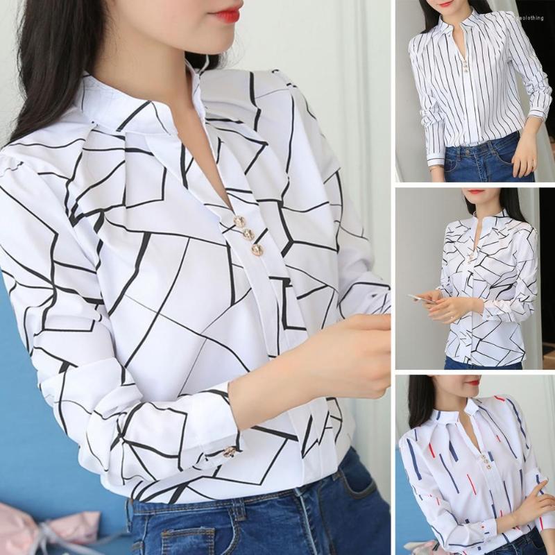 

Women's Blouses Stand Collar V-Neck Long Sleeve Buttons Decor Pullover Shirt Fashion Irregular Geometry Print Blouse Female Clothing, White