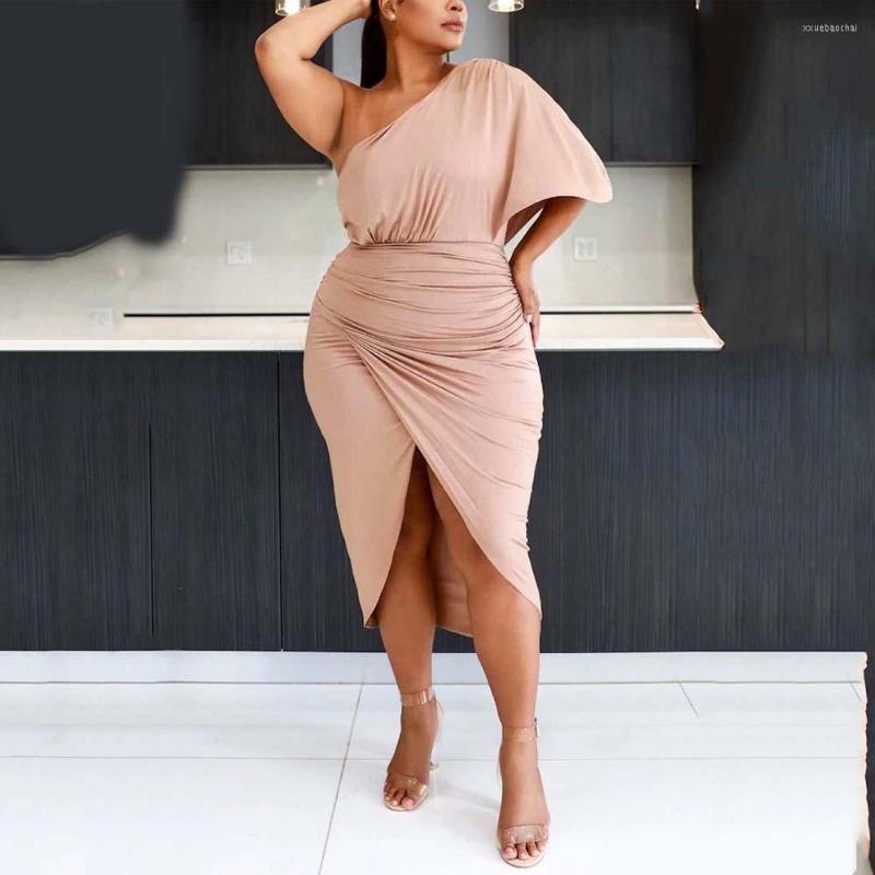 

Plus Size Dresses For Women Solid Bodycon One Shoulder High Waisted Split Mid Calf Large Evening Night Party Dress Midi Big, Pink dress