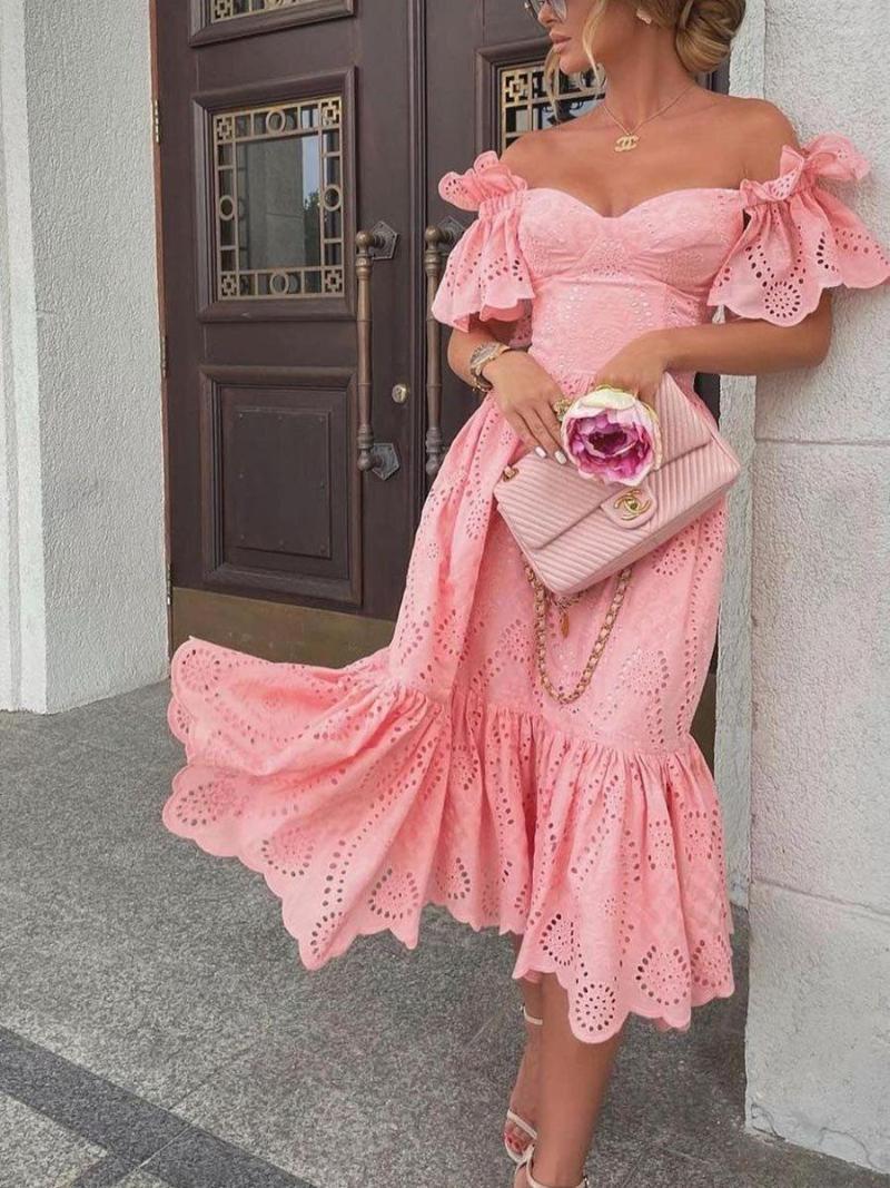 

Casual Dresses Women Sexy Hollow Out Solid Ruffles Dress Summer Loose Lace Patchwork Elegant Strapless Party Vestidos, Pink