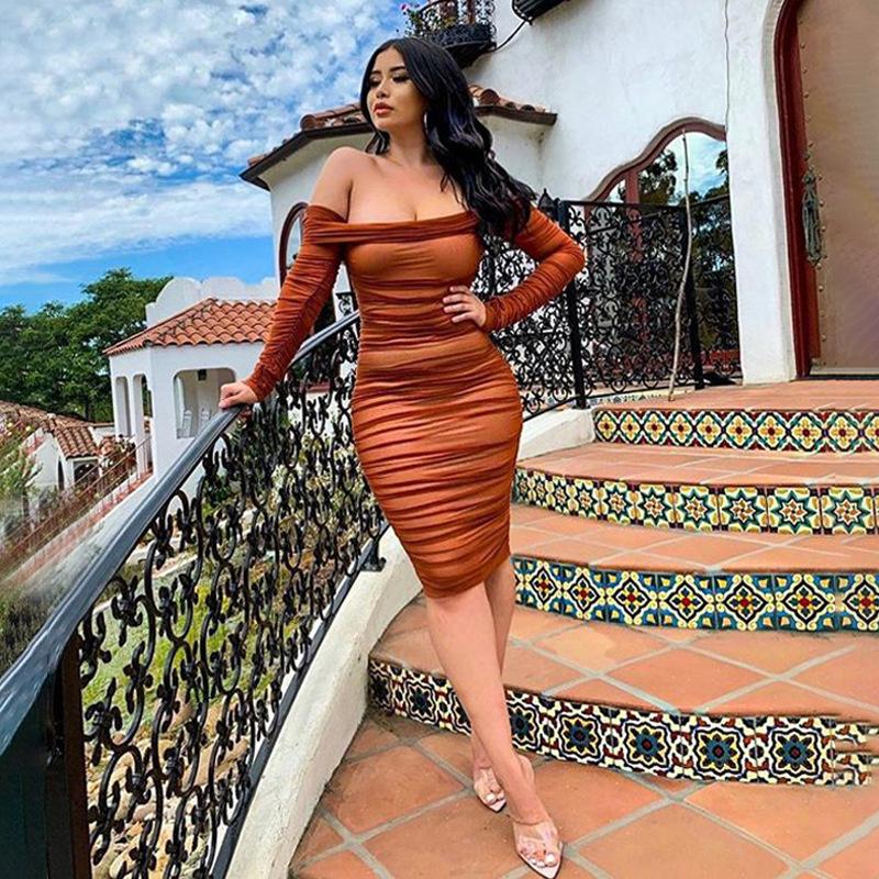 

Party Dresses 2022 Fashion Bodycon Off Shoulder Mesh Pleated Strapless Dress Women Sexy Mini Club Long Sleeve Vestidos Clothes, Orange