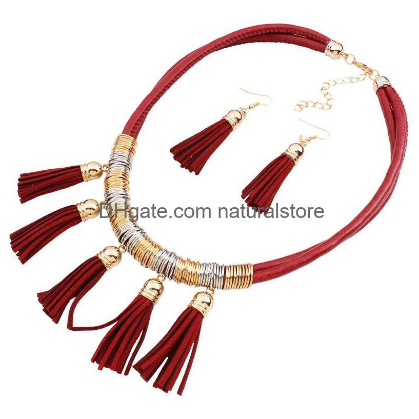 

Earrings Necklace Vintage Jewelry Sets Gold Color 4 Colors Tassel Pendants Mtilayer Leather Chain Statement Necklaces Set Drop Deli Dhlc5, Multi