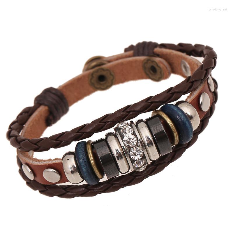 

Link Bracelets Vintage Brown Leather Zircon Bead Charm Bracelet For Men Women Fashion Bangles Wood Party Punk Jewelry E532