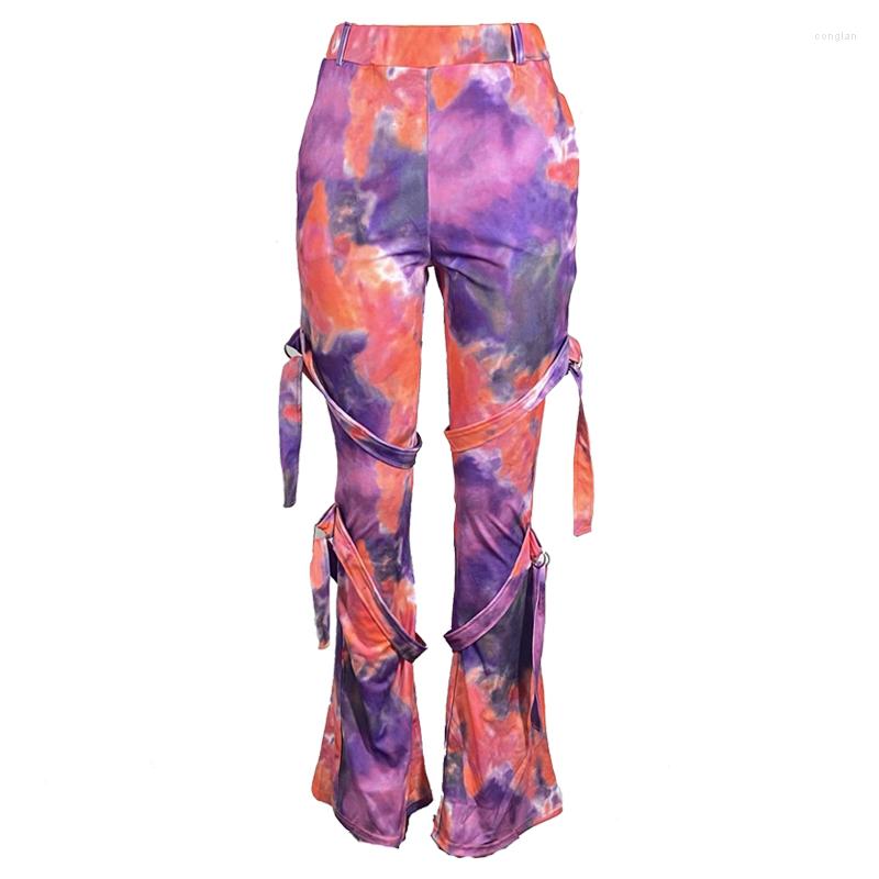 

Women' Pants Sexy Tie Dye Print Bandage Women Autumn Streetwear Stacked Sweatpants High Waisted Joggers Bodycon Flare Trousers, Purple green