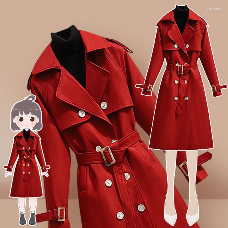 

Women' Trench Coats High Quality Red Coat For Women 2022 Autumn Double Breasted Long Windbreaker Female Clothes Belt Elegant Overcoat W2426, Black