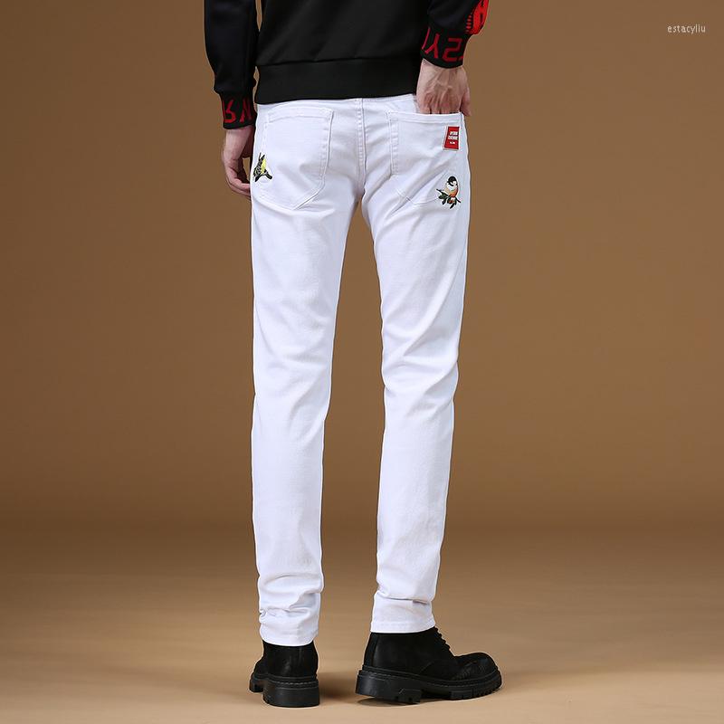 

Men's Jeans Spring Autumn Slim White Yellow Stretch Embroidery Decoration Denim Men's Fashion Trousers Male Brand Pants