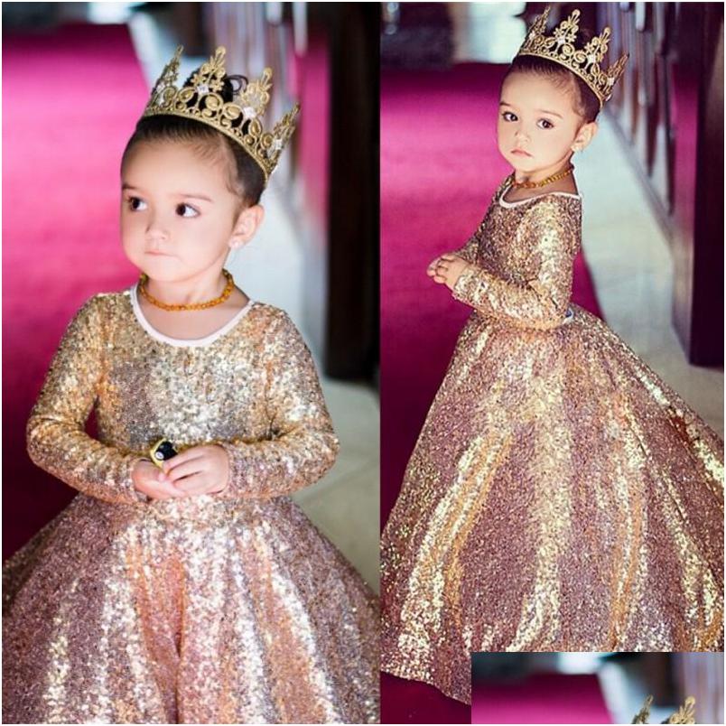 

Girl'S Pageant Dresses Sparkly Sequined Girls Dress Rose Gold Ball Gown Flower Girl Long Sleeves Kid Wedding Gowns Drop Delivery Par Dhulr