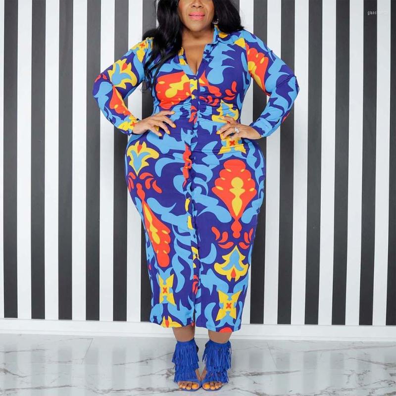 

Plus Size Dresses For Women Blue Printed Full Sleeve Turn Down Collar Bodycon High Waisted Ankle Length Elegant Evening Dress, Dark dress
