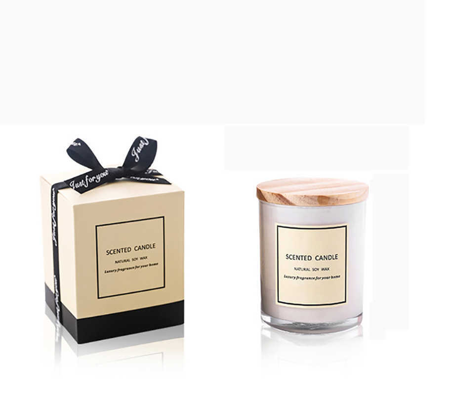

Candles Gift Box Scented Candle In White Glass Jar With Natual Pine Wood Lid Ppasted With Beige Paper