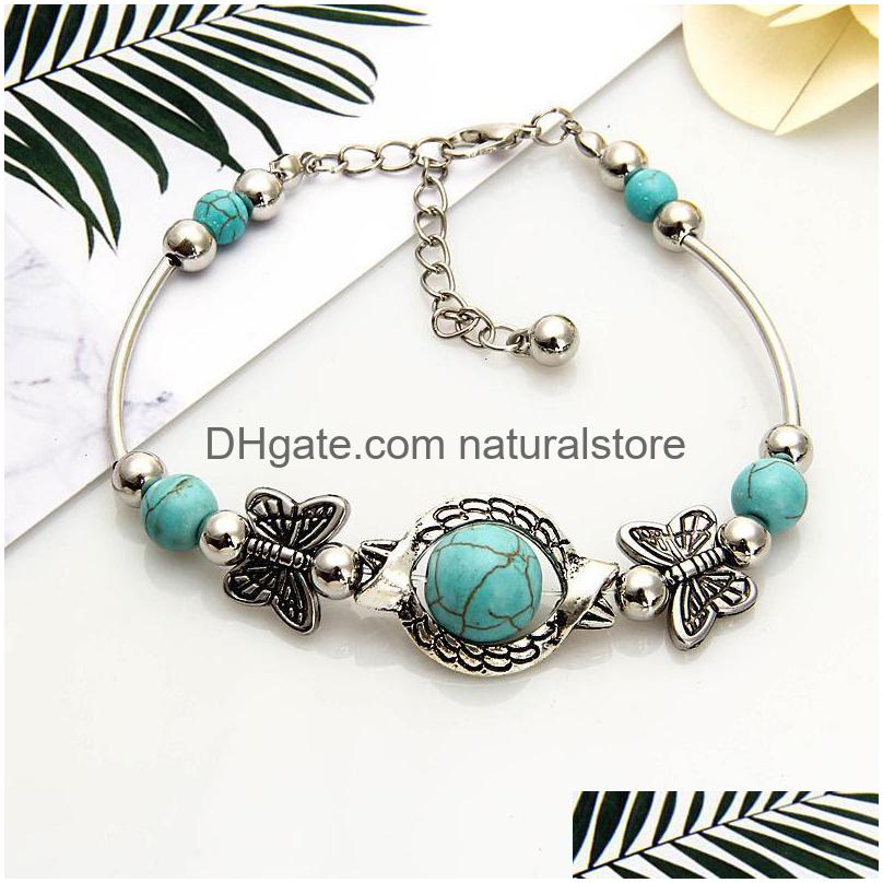 

Charm Bracelets Wholesalenew Tibetan Sier Color Turquoise Bangles Inlay Butterfly Bead Nation Bohemian For Women Fine Jewelry Drop De Dh4T2