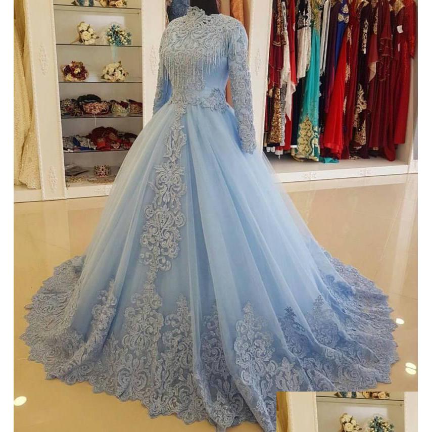 

Ball Gown Wedding Dresses Charming Blue Muslim Lace With Long Sleeves High Neck Appliqued Bridal Dress Tle Beading Plus Size Drop De Dhlav, White