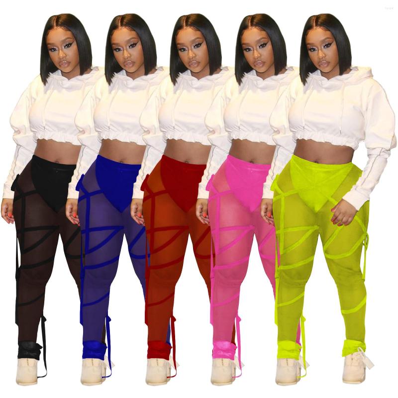 

Women' Pants Zaggin 2022 Autumn Fashion Women Solid 5-colors See-Through Pencil Sexy Lady Mid-waist Mesh Lace-Up Sports Long Trousers, Black