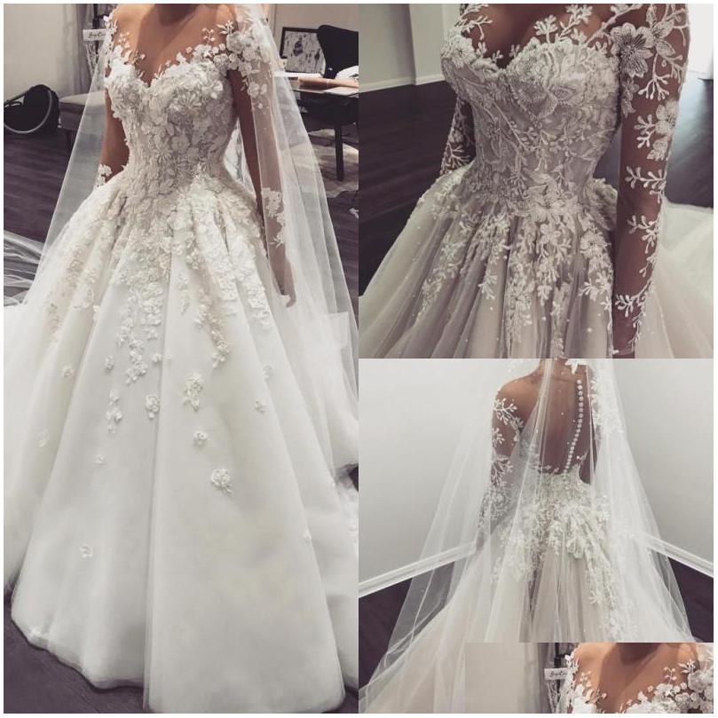 

Ball Gown Wedding Dresses Lace Fall Plus Size Sheer Beach Bridal Gowns With Long Sleeves Pearls Dress Drop Delivery Party Events Dhjmj, White