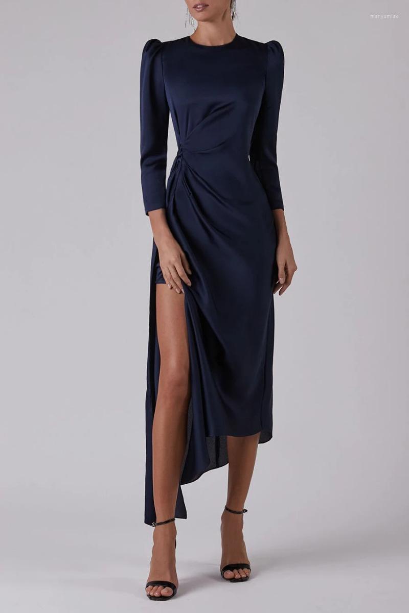 

Casual Dresses 2022 Dark Blue Dress For Women Round Collar Long Sleeve Sexy Side Slit Office Lady Intellectual Chic Evening, Deep blue
