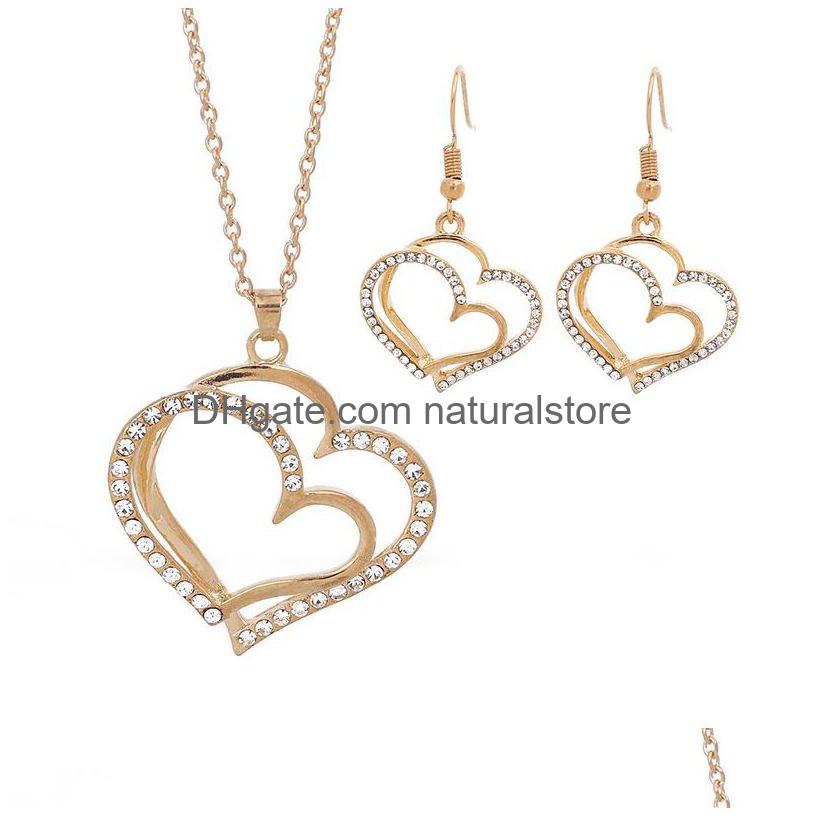 

Earrings Necklace Luxury Wedding Dinner Bridal Accessories Love Heart Earring Fashion Gold Sier Crystal Charm Jewelry Set Drop Del Dhdrf, Silver