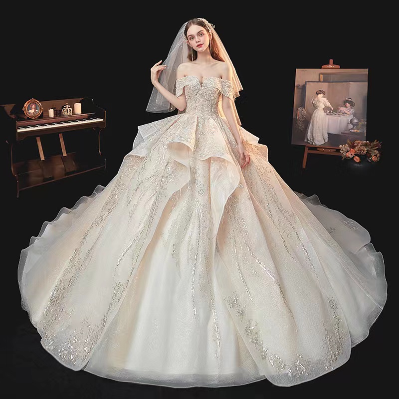 

African Dubai Elegant A-Line Wedding Dresses off shoulder designer crystal Lace Appliques Beaded Vestios De Novia Bridal Gowns with Buttons Plus Size, Champagne floor length