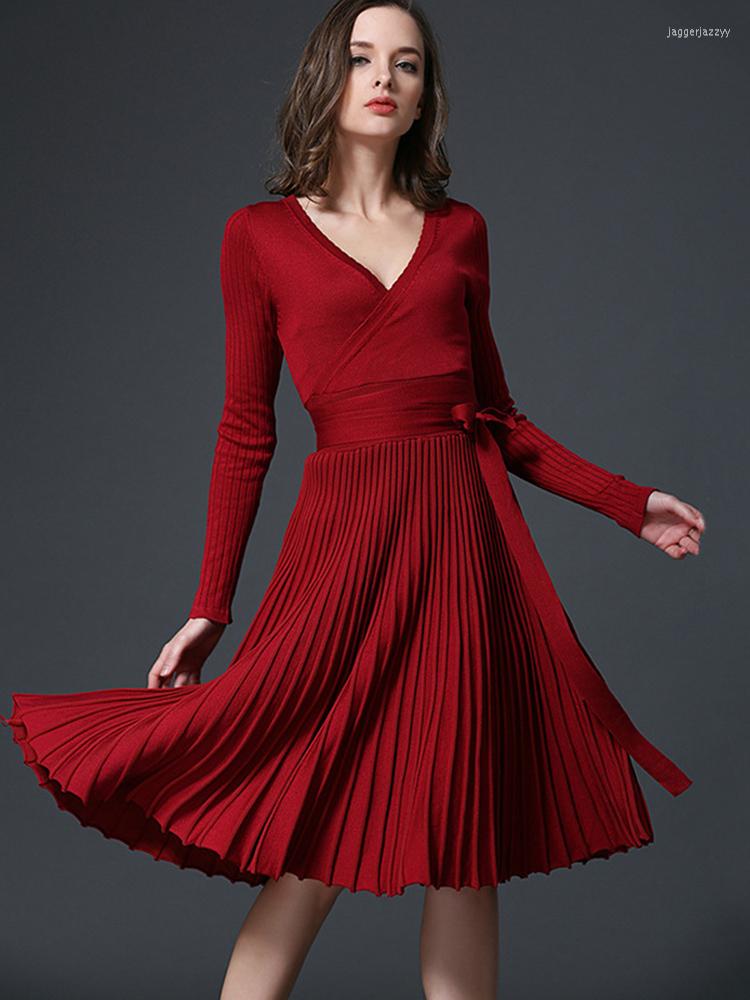 

Casual Dresses Women Elegant Autumn Winter Pleated Knit Dress Office Lady With Sashes V-Neck Solid Vintage Vestidos SW042, Black