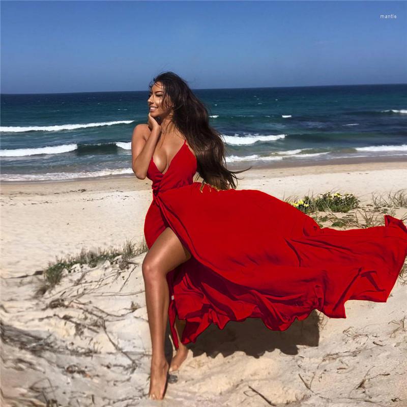 

Casual Dresses Fashion V-neck Shoulder High Waist Slit Solid Color Dress Summer Beach Party Sexy Senior Women Vestidos, Black