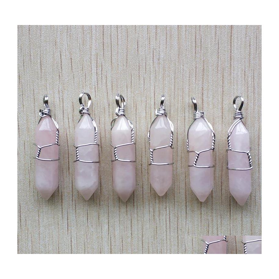 

Charms Hexagonal Natural Stone Pink Rose Quartz Pillar Shape Point Handmade Iron Wire Pendant For Jewelry Making Drop Delivery Findi Dhbg2