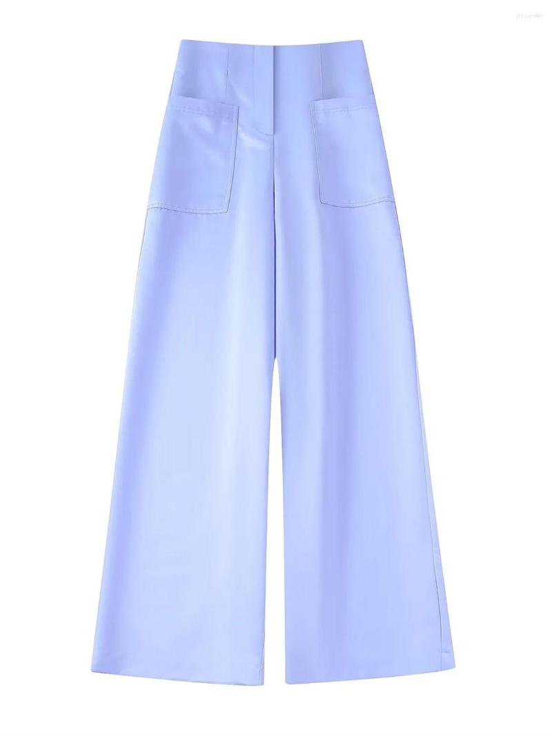 

Women's Pants 2022 Summer Women Fashion With Blue High Waist Wide Leg Satin Front Pockets Cozy Casual Female Trousers Mujur, Sky blue