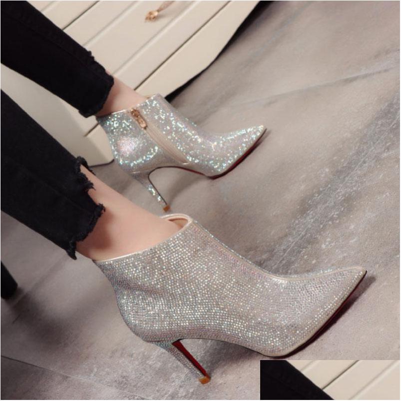 

Wedding Shoes Rhinestone For Women Luxury High Heels Top Quality Ankle Length Bridal Shoe Winter Wear Drop Delivery Party Events Acce Dhjbx, Black