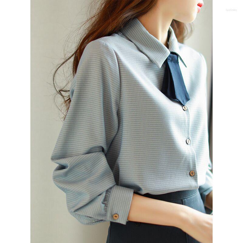 

Women' Blouses Blouse Female 2022 Autumn Casual Plaid Top Single Row Buckle Long Sleeve Bow Tie Decoration Shirt, Khaki