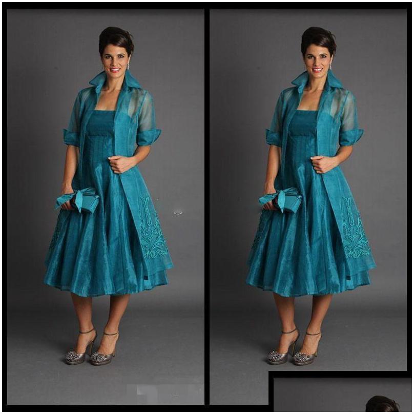 

Mother'S Dresses Plus Size Dark Green Mother Of The Bride Jacket Dress Sleeveless Tea Length Mothers Suits Formal Gowns Organza Drop Dhcgs