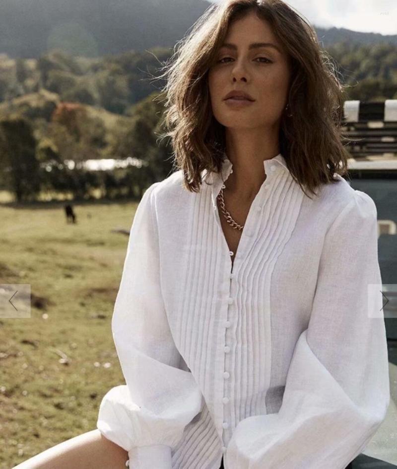 

Women' Blouses 2022 Autumn Loose Shirts Pleated Single-breasted Lantern Sleeve Women Fashion Button Up Shirt White Retro