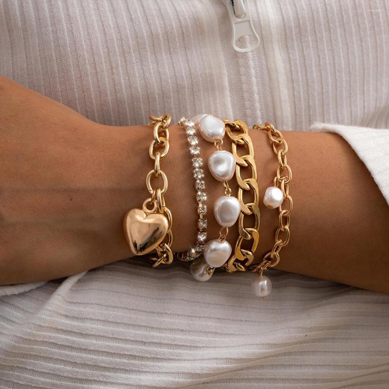 

Link Bracelets Retro Baroque Imitation Pearl Female Bracelet Temperament Micro-inlaid Love Suit Wedding Banquet Jewelry 2022