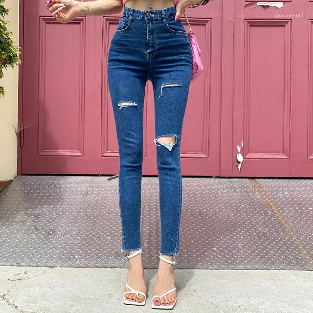 

Women's Pants Chic Slim High Waist Ripped Pencil Jeans For Women Casual Skinny Ankle Length Denim Lady Streetwear Trousers, Blue