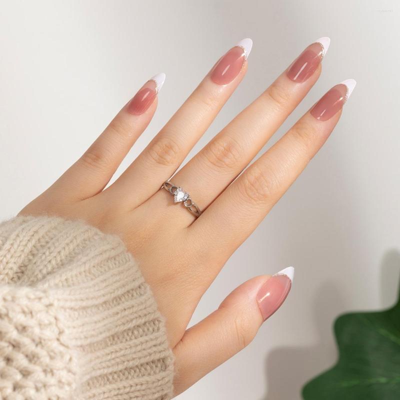 

False Nails 3D Fake Set Press On Faux Ongles French Almond Tips Nude White Designs DIY Manicure Supplies Acrylic Nail, F02