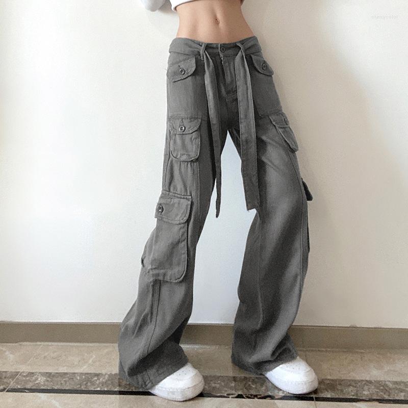 

Women' Pants Combhasaki Vintage Y2K Autumn Cargo Solid Color Low-Waist Loose Fit Casual Trousers With Multi-Pockets For Girls, Black