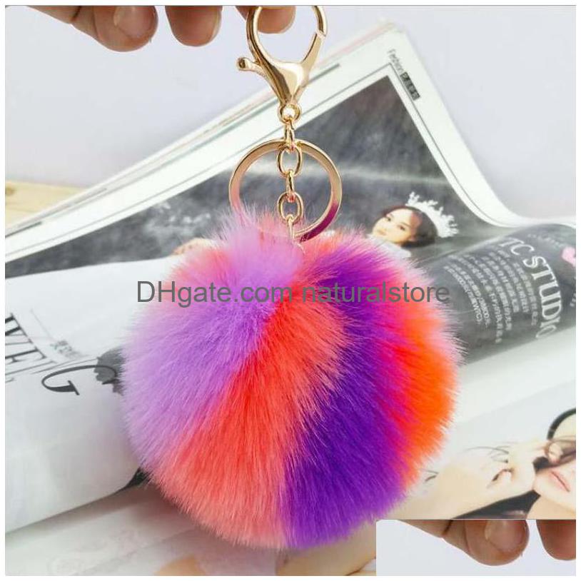 

Keychains Lanyards 100Pcs / Lot 9Cm Wholesale Colorf Artificial Rabbit Fur Ball Plush Key Chains Car Keychain Bag Pendant Fashion Dhexo