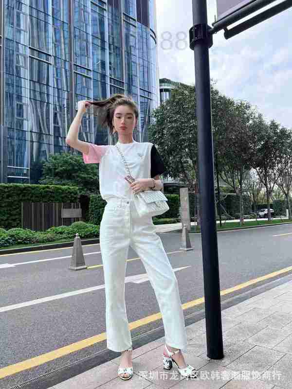

Women' Jeans designer Three standard quality P black white bicolor women' trousers show figure small design dress T14M