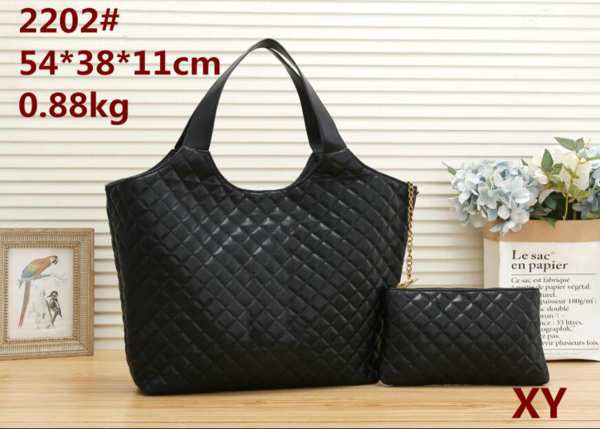 

Women Black 2pcs/set Shoulder Bags Designer Diamond Tote Handbag Leather Simple And Generous Messenger Totes Shopping Bag Wallet, Black 54x38x11cm