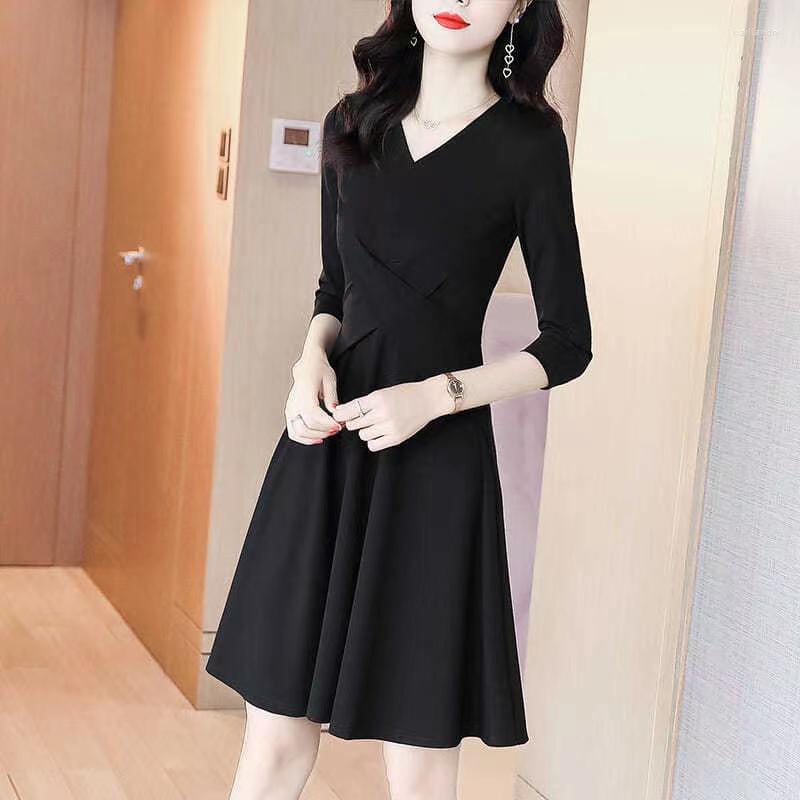 

Casual Dresses Chiffon Loose Women Fashion 3/4 Sleeve Solid Color V-neck Autumn Dress A-LINE Female Clothing Movafag, Black