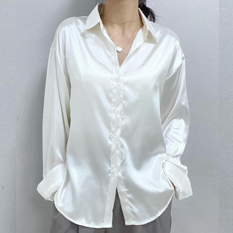 

Women' Blouses Casual Long Sleeve Satin Blouse Women Autumn Vintage Loose Button Up Turn Down Collar Shirt Elegant White Tops Lady Blusas, Black