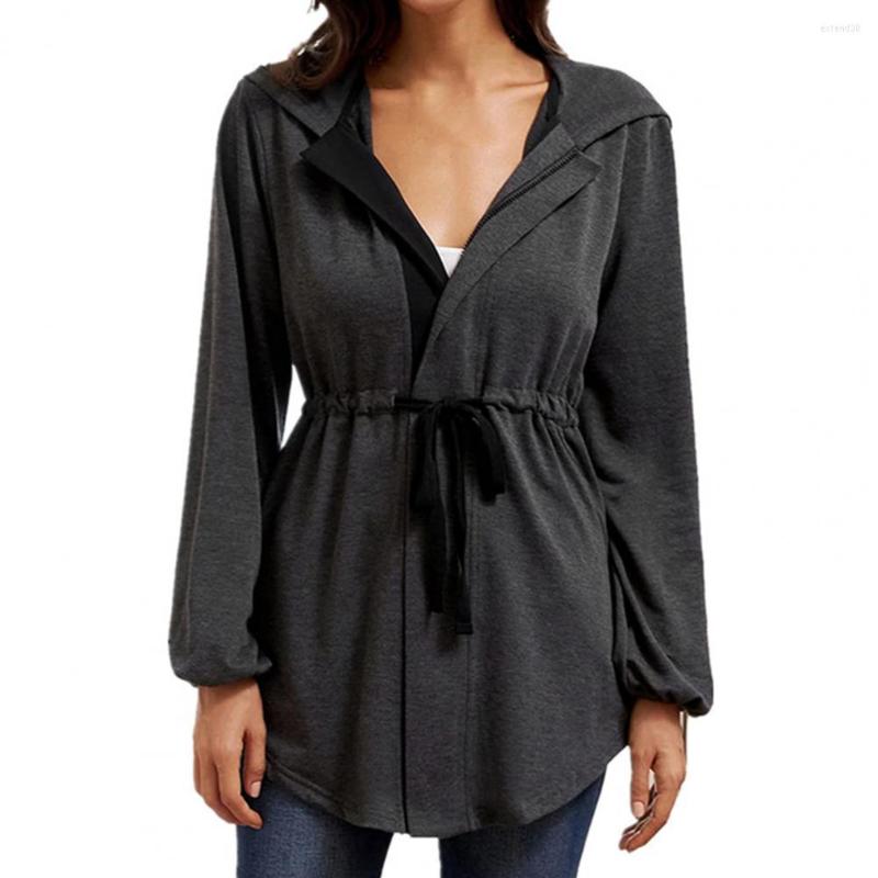 

Women' Trench Coats Thin Women' Autumn Hooded Zipper Jacket Solid Color Pockets Loose Lace-up Waist Cardigan For Daily Outwear, Black