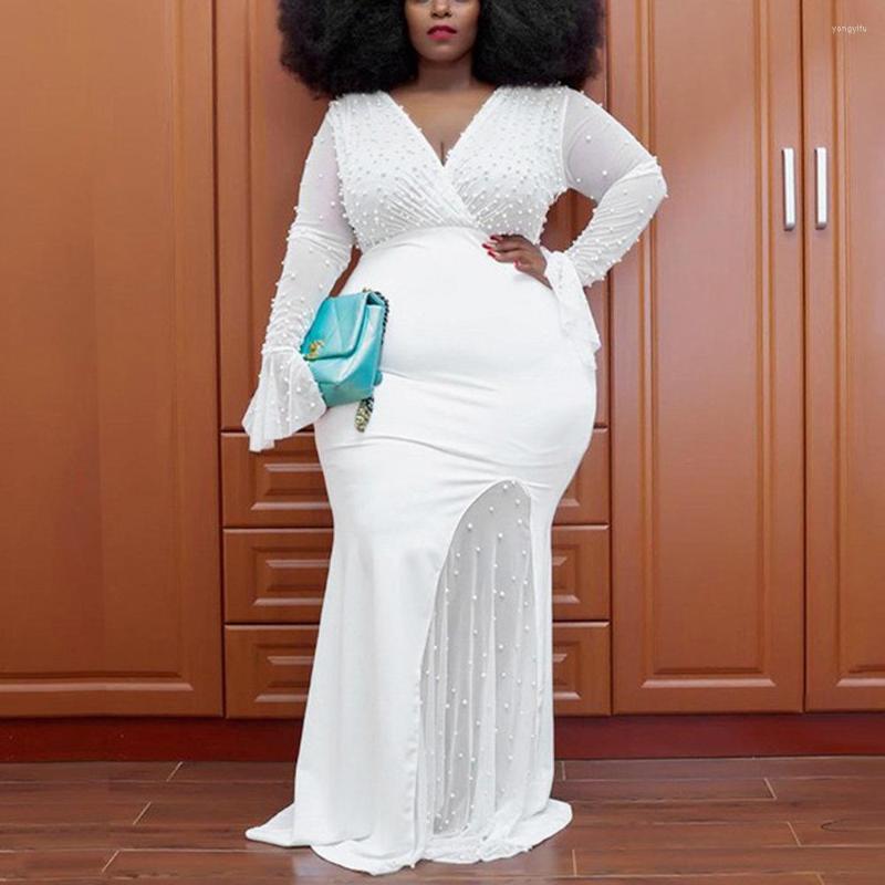 

Plus Size Dresses 4XL 5XL For Women Beaded White Black V Neck High Waisted Floor Length Sexy Evening Night Party Luxury Dress, White dress